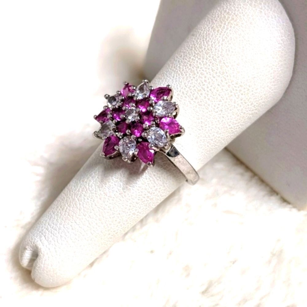 Vintage Pink & White Cubic Zirconia Ring Rhodium Plated - Picture 7 of 13
